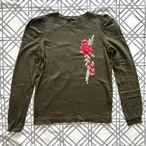 ZARA  Olive Green, Red Floral Sweatshirt, Size Small
